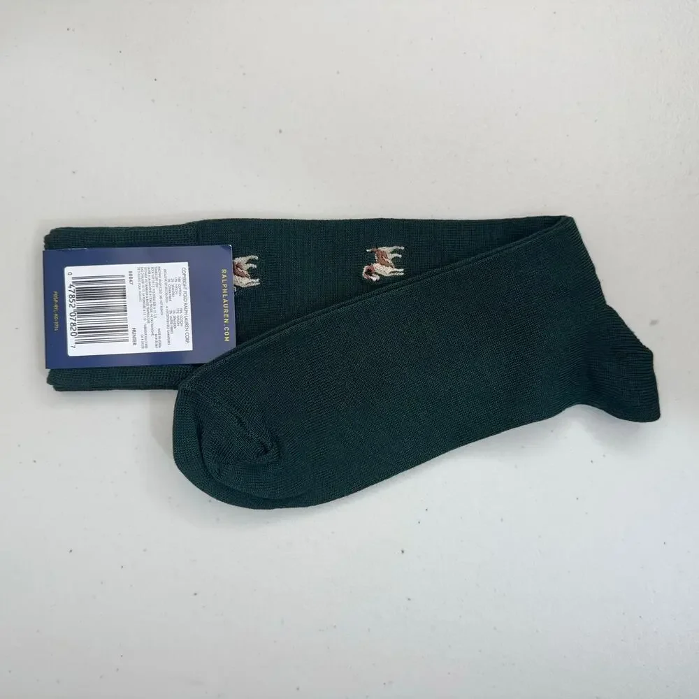 Polo Ralph Lauren Green Dress Socks Embroidered Hunting Dog Pattern Cotton Blend